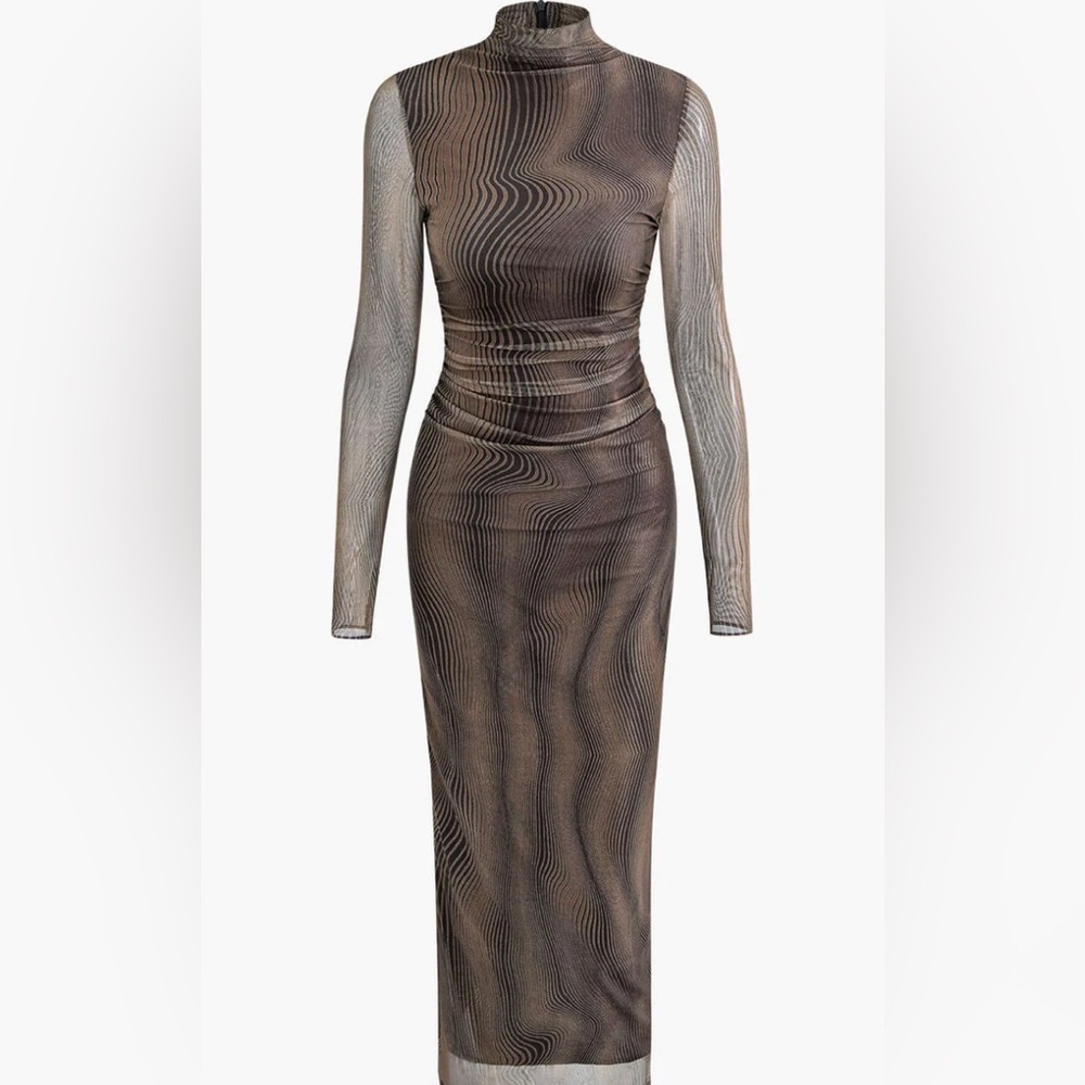Micas Brown Long sleeve mesh maxi Dress